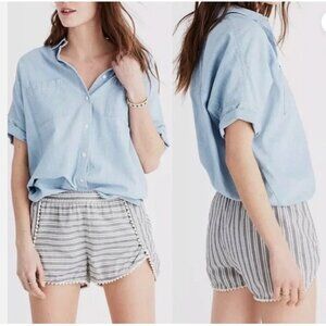 Madewell Oahu Cover Up Shorts in White and Blue Stripe Pompom Trim